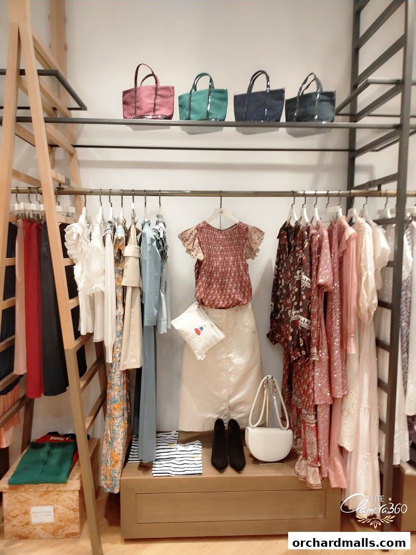 A display of women's clothing and accessories, including dresses, tops, bags, and shoes.