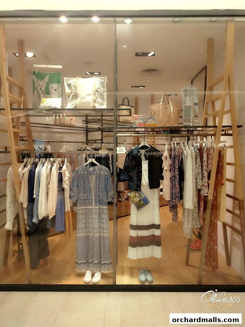 A well-lit boutique window display showcasing stylish women's apparel and accessories.