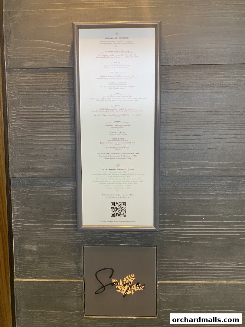 A framed menu for Sage by Yasunori Doi, featuring Omakase Course and Late Night Dining.