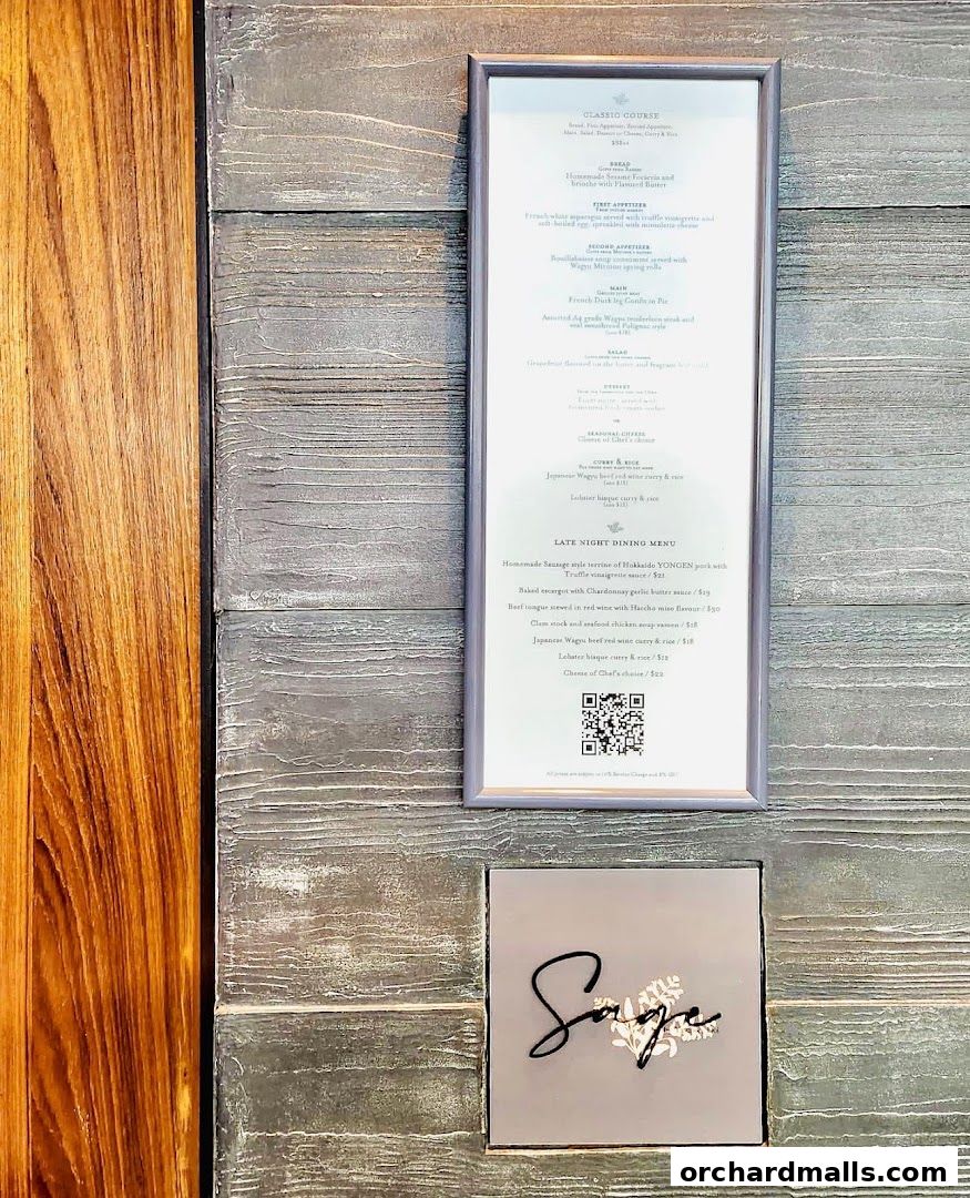 A framed menu for Sage by Yasunori Doi, featuring classic and late-night dining options.