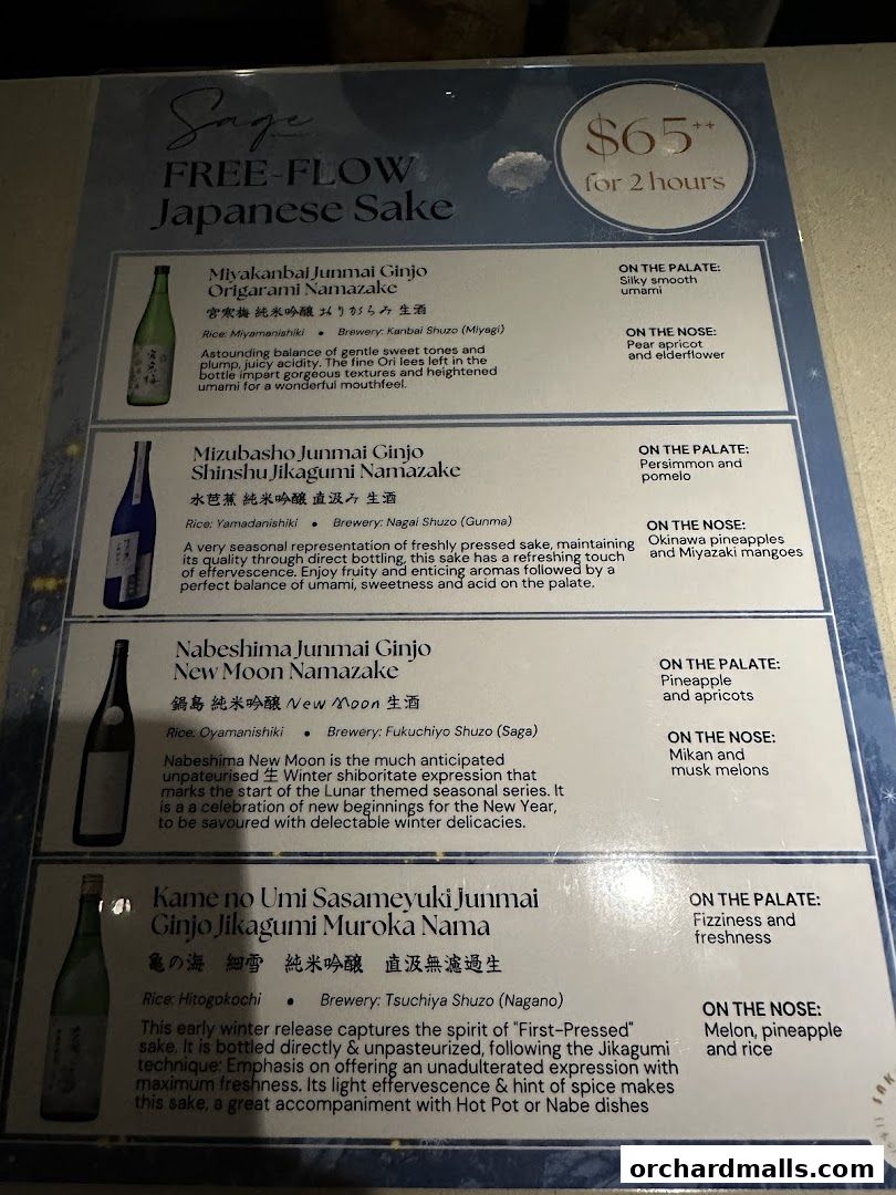 A menu for free-flow Japanese sake at Sage by Yasunori Doi, priced at $65 for 2 hours.
