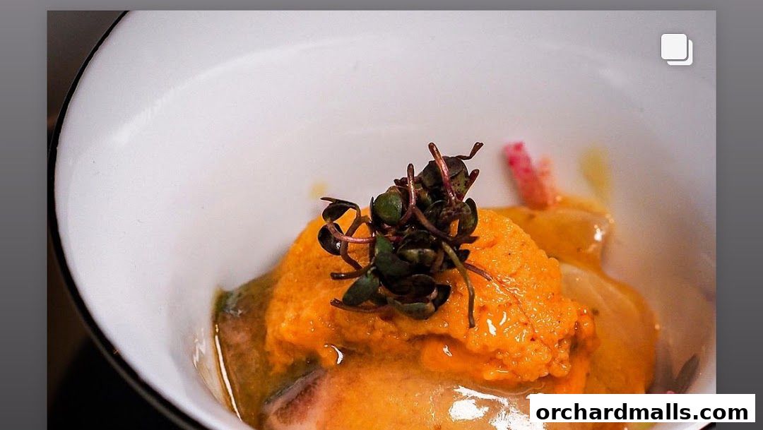 A close-up of a gourmet dish with orange sea urchin and microgreens in a white bowl.