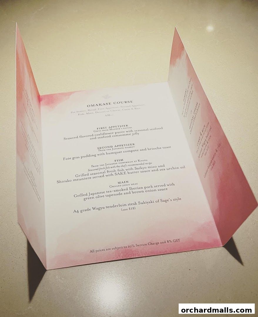 A folded menu for Sage by Yasunori Doi, detailing an Omakase Course.