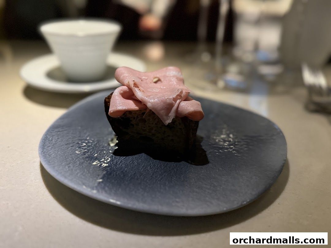 A small bite of dark bread topped with thinly sliced ham on a dark plate.