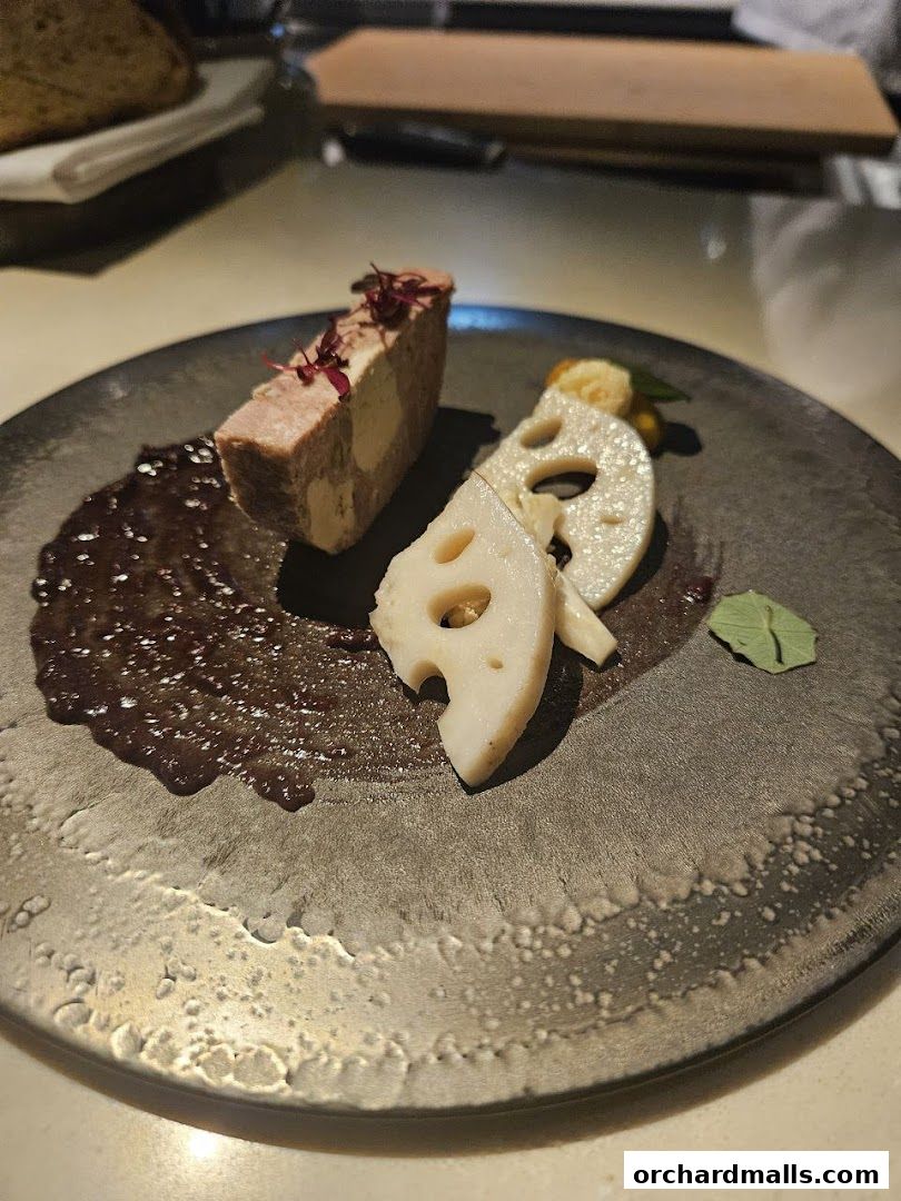 A slice of terrine with lotus root and dark sauce on a textured plate.