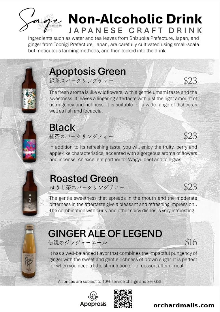 A menu for Sage Non-Alcoholic Japanese Craft Drinks with descriptions and prices.