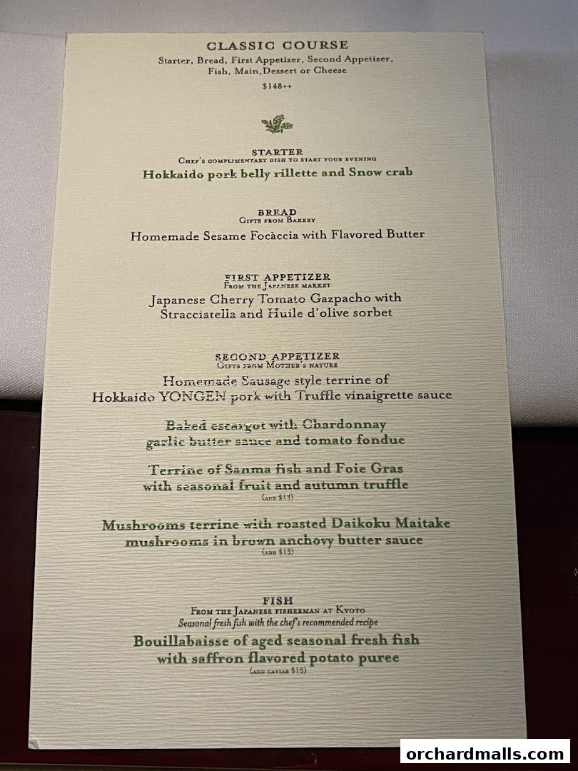 A menu for a classic course meal with multiple appetizers, fish, and dessert options.