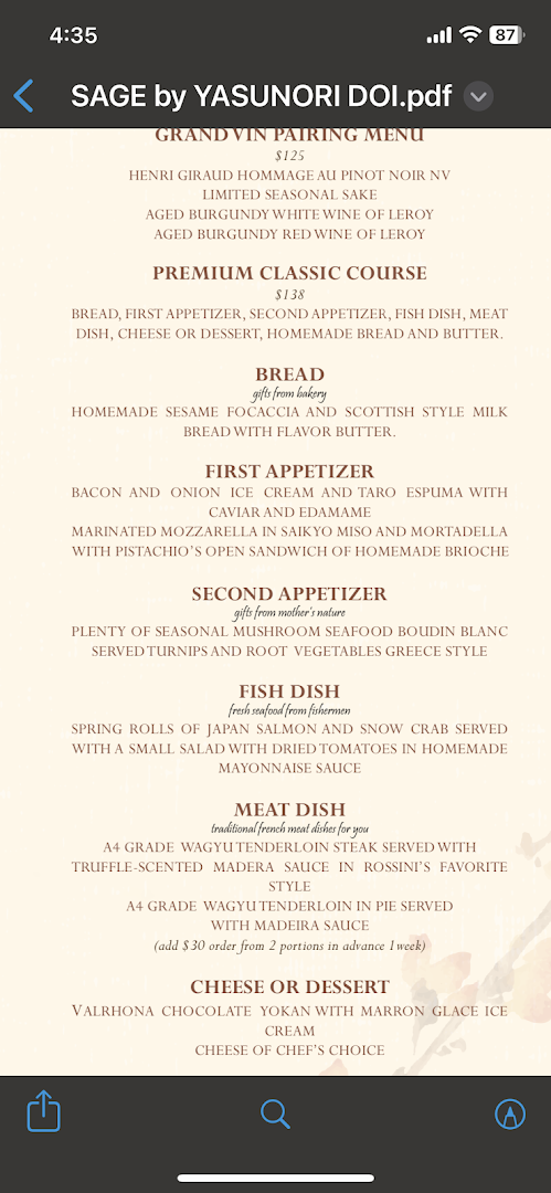 Menu page for Sage by Yasunori Doi