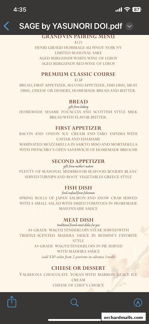 A digital menu for Sage by Yasunori Doi, detailing courses and prices.