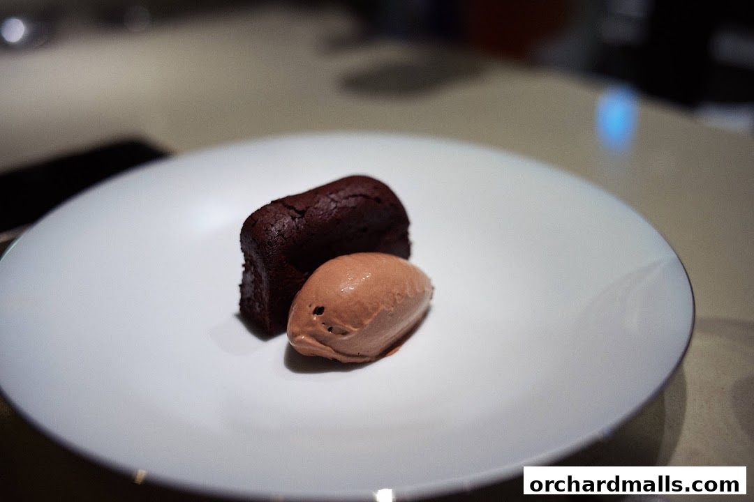 A rich chocolate cake served with a scoop of ice cream on a white plate.