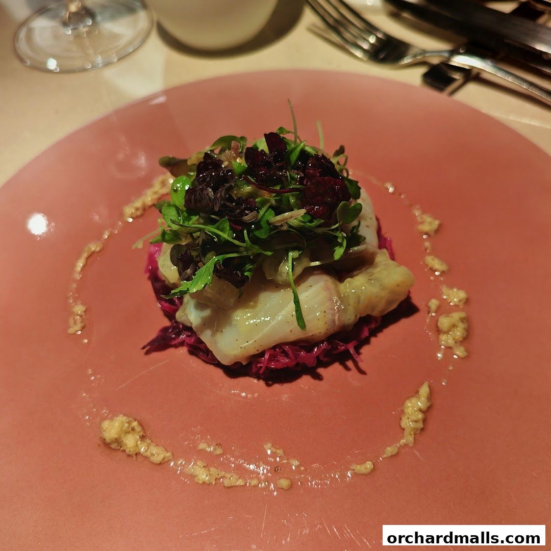 A beautifully plated dish of fish with microgreens and red cabbage on a pink plate.