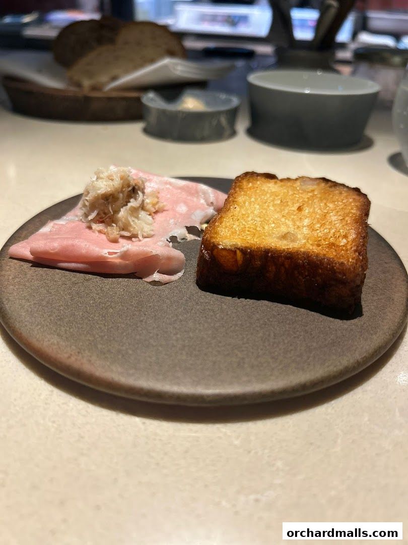 A plate with thinly sliced ham, shredded topping, and a piece of toasted bread.