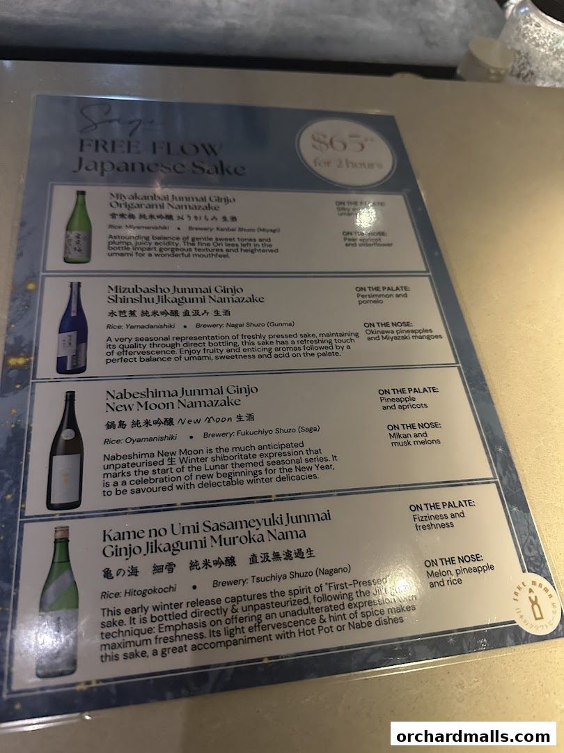 A menu for free-flow Japanese sake with descriptions and prices.