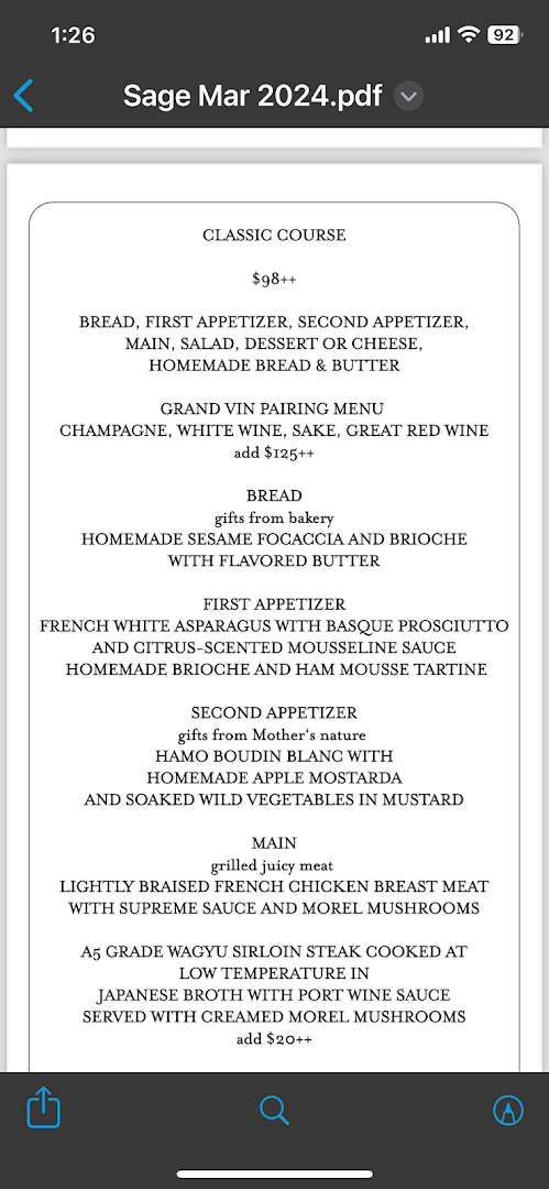 Menu page for Sage by Yasunori Doi