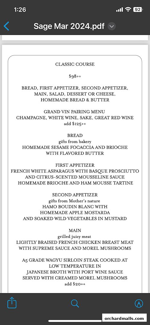 A menu for Sage by Yasunori Doi featuring a classic course with multiple options.