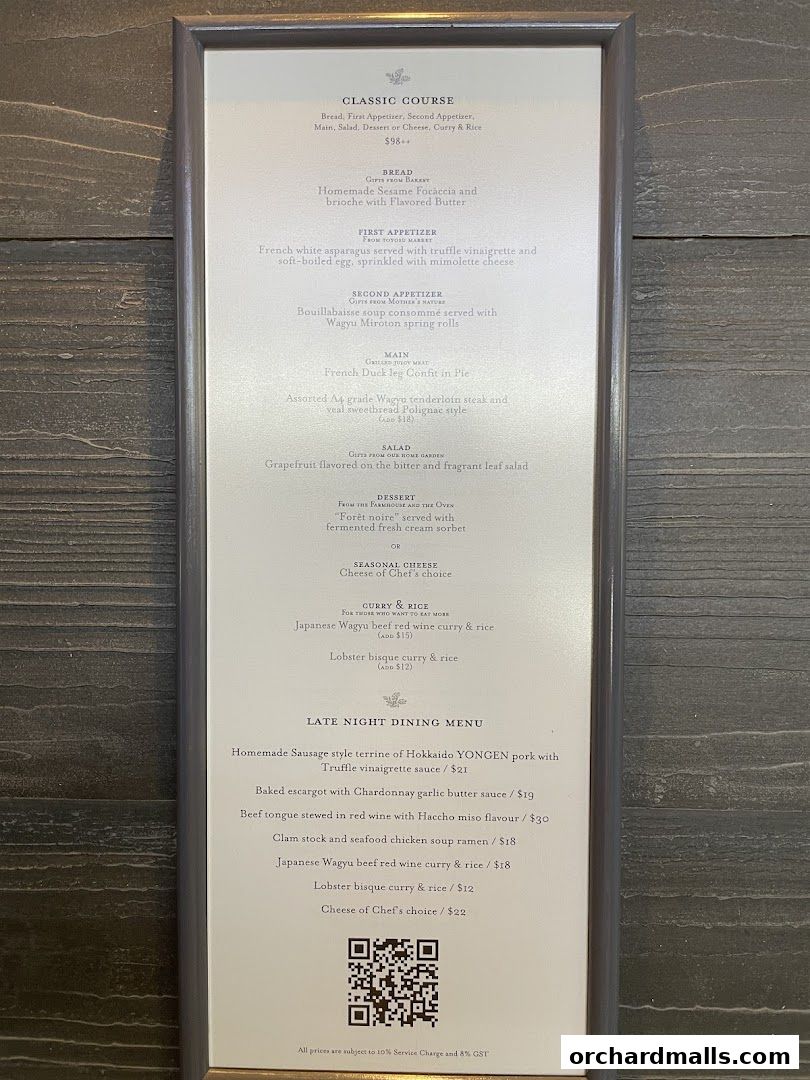 A framed menu displaying 'Classic Course' and 'Late Night Dining Menu' with prices.