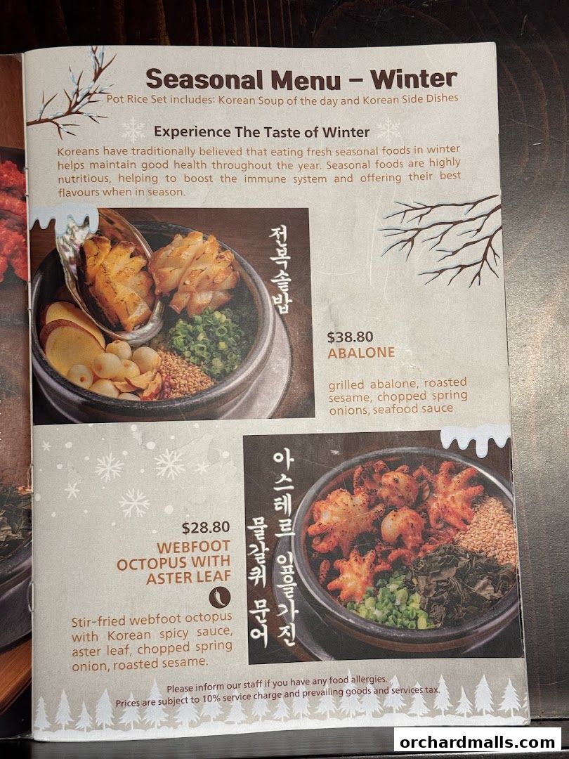 A seasonal winter menu featuring Korean dishes like abalone and webfoot octopus.