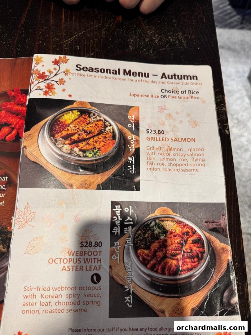 A seasonal autumn menu featuring grilled salmon and webfoot octopus dishes.