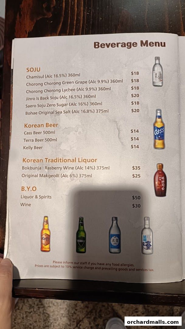 A beverage menu featuring Soju, Korean Beer, and Traditional Liquor with prices.