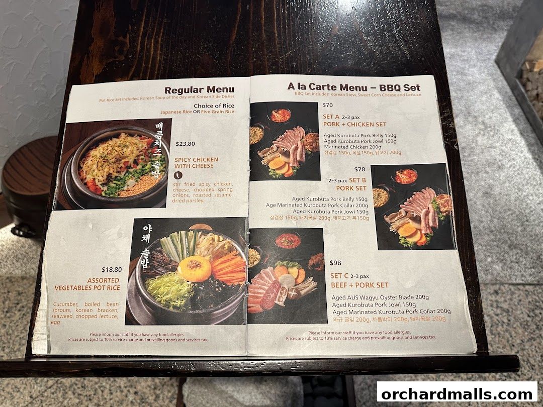 A menu from Sagye Korean Pot Rice and BBQ featuring pot rice and BBQ sets.