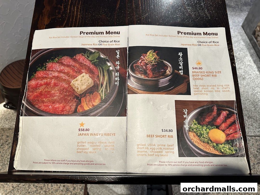 A menu from Sagye Korean Pot Rice and BBQ featuring premium beef dishes.