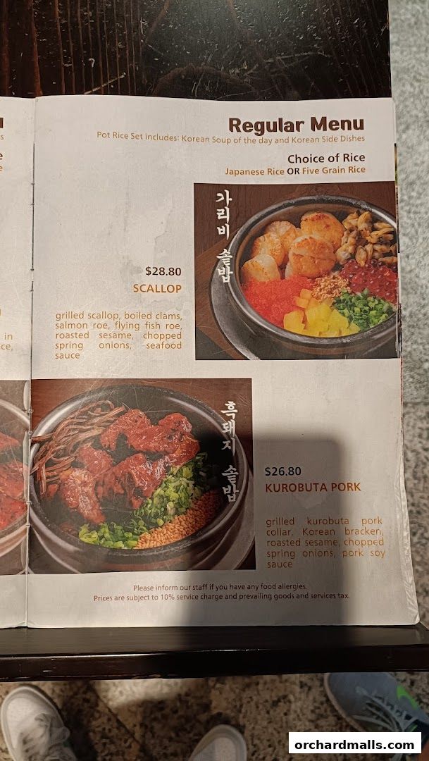A menu featuring Korean pot rice dishes with scallop and Kurobuta pork options.