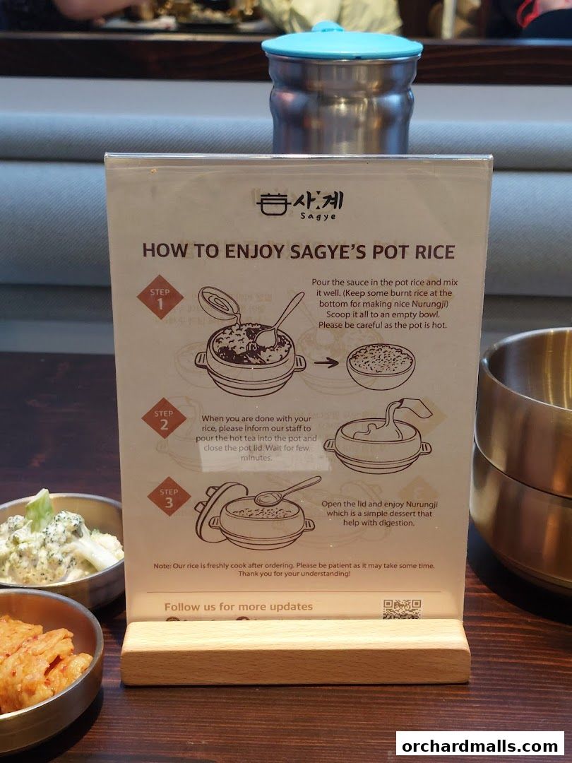 Instructions on how to enjoy Sagye's Pot Rice, with illustrations and notes.