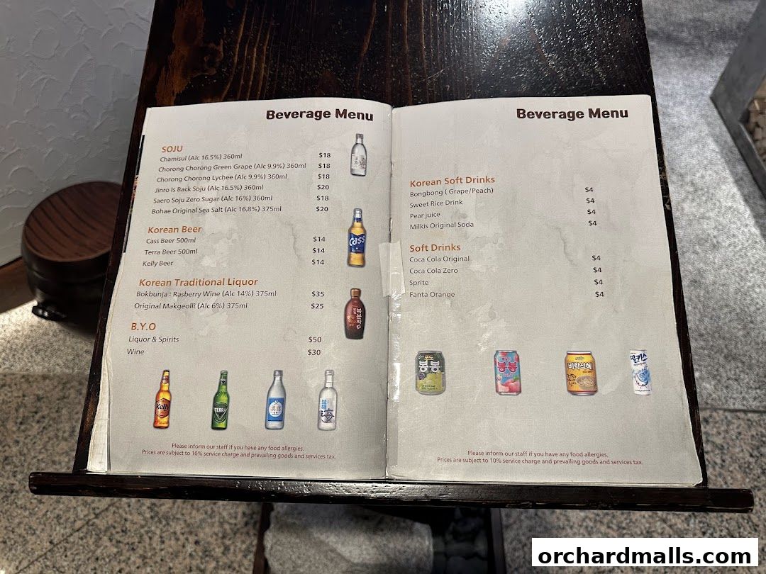 A beverage menu featuring Soju, Korean Beer, Traditional Liquor, Soft Drinks, and BYO options.