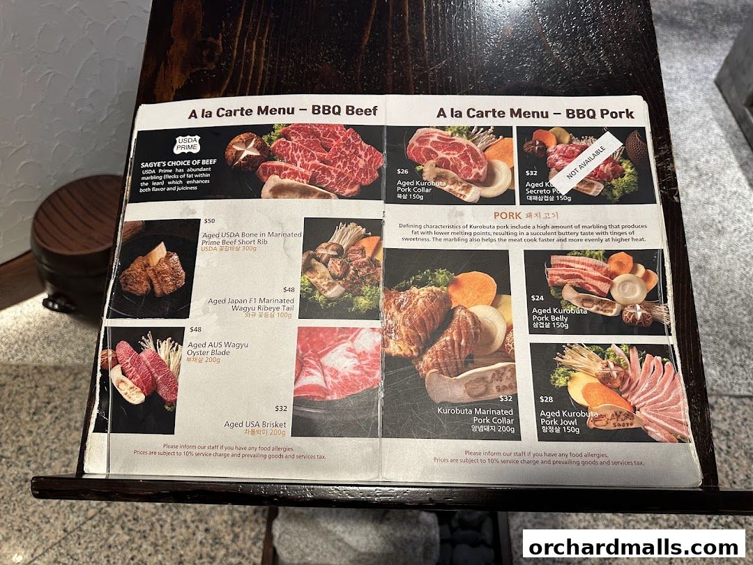 A la carte menu for Sagye Korean Pot Rice and BBQ featuring beef and pork dishes.