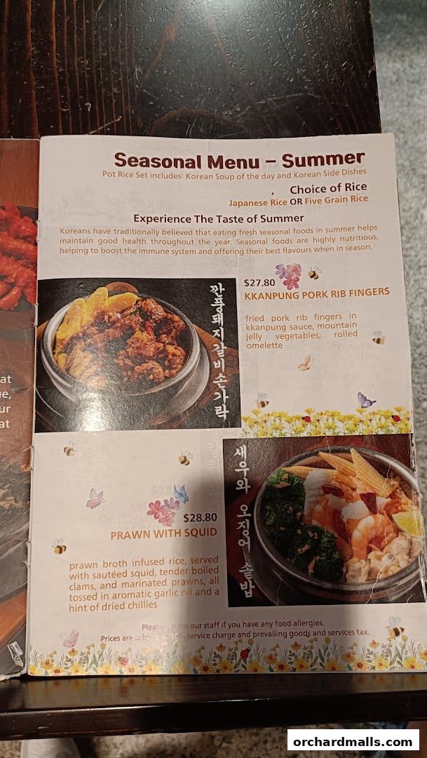 A seasonal summer menu featuring Korean dishes like Kkanpung Pork Rib Fingers and Prawn with Squid.