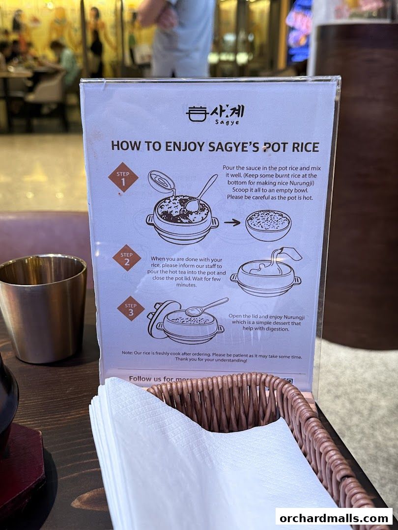 Instructions on how to enjoy Sagye's Pot Rice, with illustrations and notes.