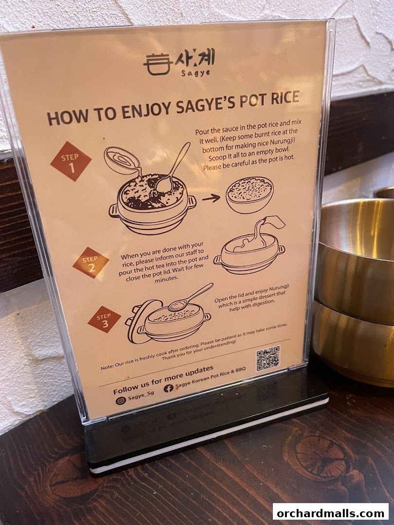 Instructions on how to enjoy Sagye's Pot Rice with illustrations.