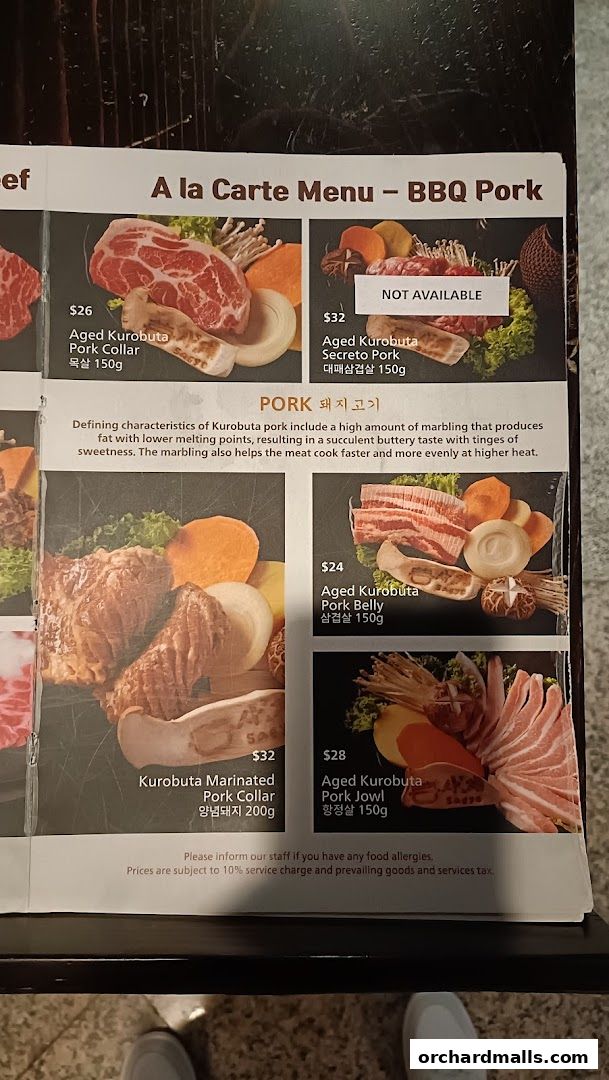 A la carte menu featuring various cuts of Kurobuta pork for BBQ.