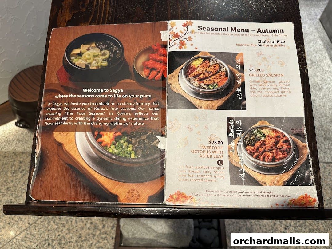 A menu from Sagye Korean Pot Rice and BBQ featuring seasonal autumn dishes.