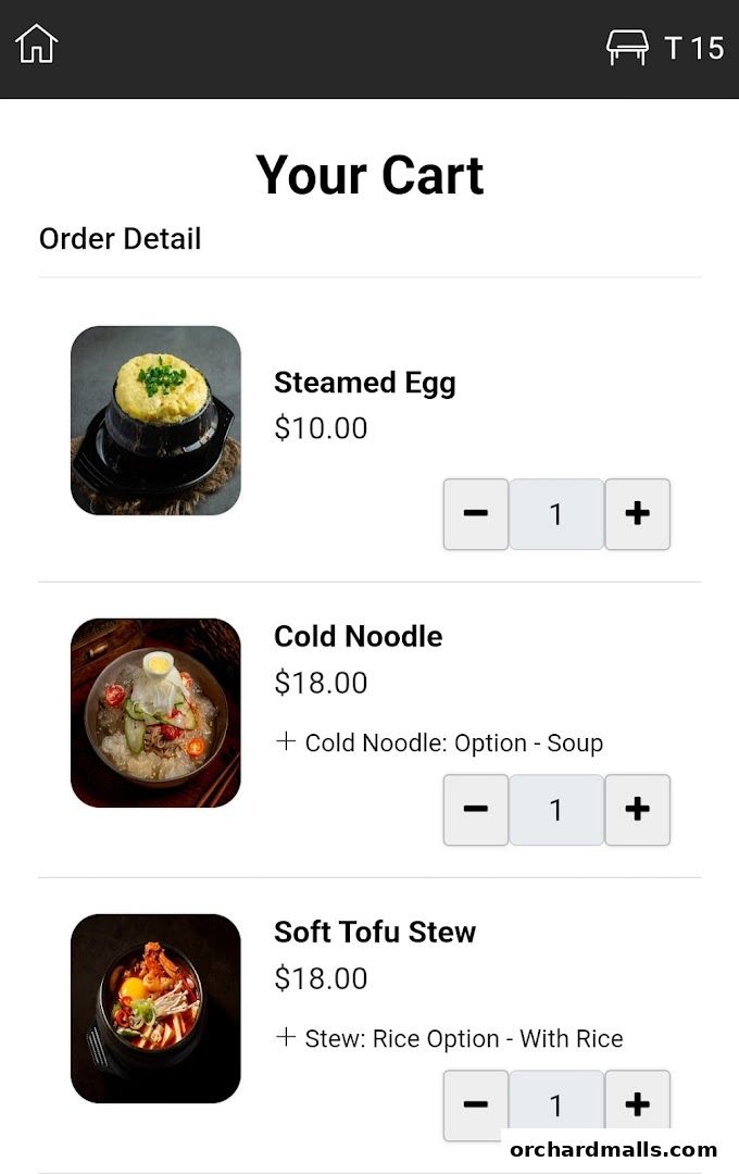 A screenshot of a shopping cart displaying Korean dishes with prices and customization options.