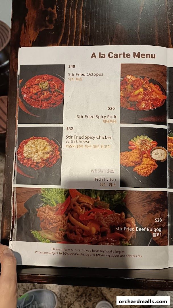 A la carte menu featuring Korean dishes like stir-fried octopus, pork, chicken, and beef bulgogi.