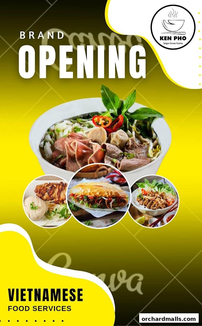 A vibrant advertisement for Saigon Corner Cuisine, showcasing Vietnamese dishes and announcing a brand opening.