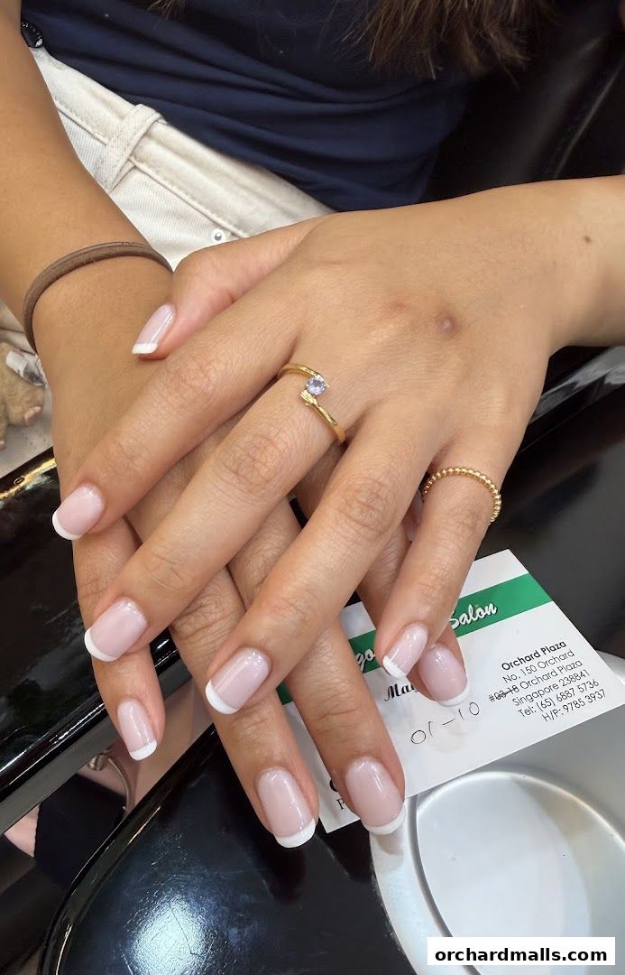 A close-up of a woman's hands with perfectly manicured French tip nails.