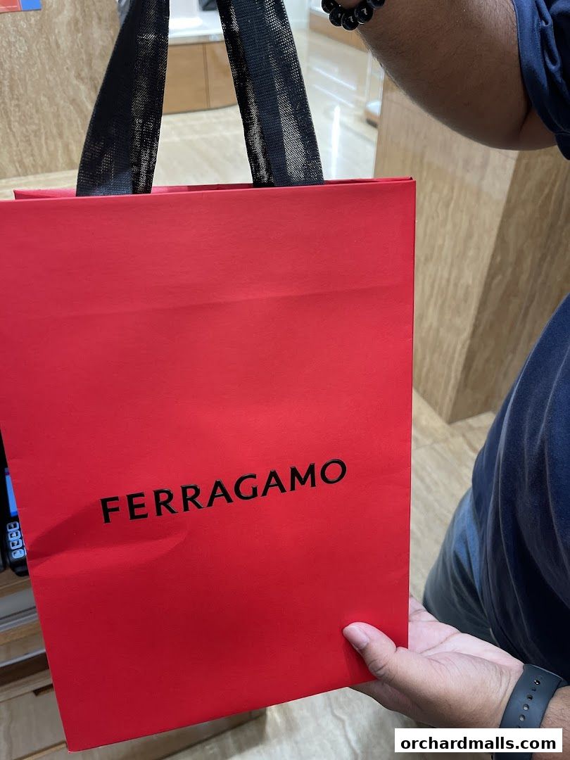 A red Salvatore Ferragamo shopping bag with black handles held by a person.