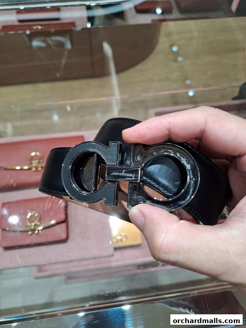 A hand holds a black Salvatore Ferragamo belt with a signature Gancini buckle.