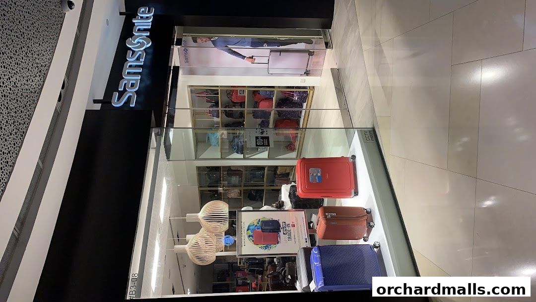The Samsonite store at ION Orchard showcases a variety of luggage and bags, with a prominent display of suitcases.