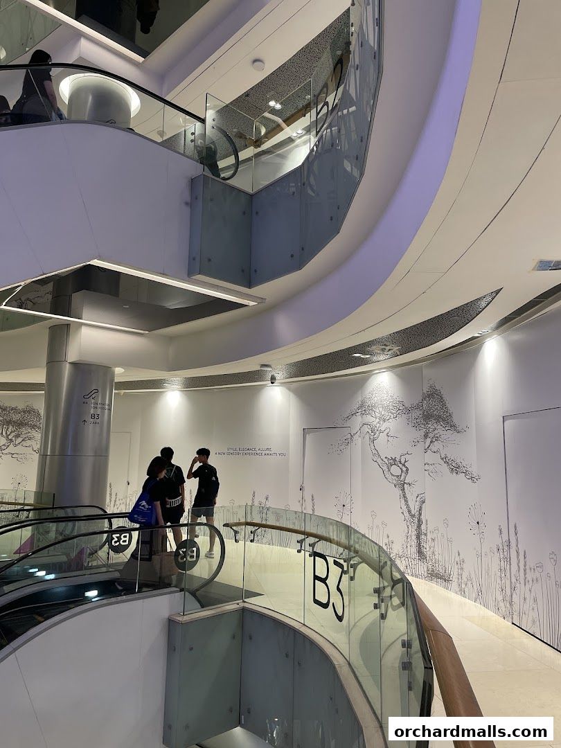 People on an escalator in a modern shopping mall with artistic wall decorations.