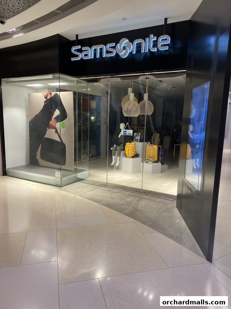 The Samsonite store at ION Orchard features a modern storefront with a display window showcasing luggage and mannequins.
