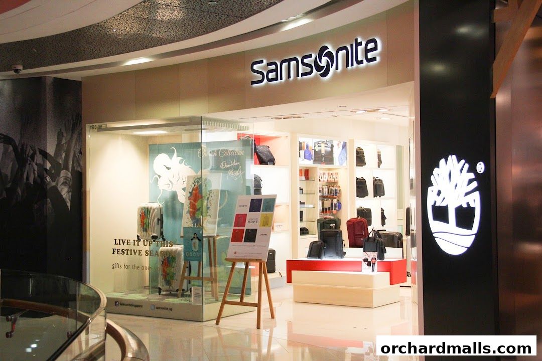 The Samsonite store features a well-lit interior showcasing various luggage and bags, with a festive display in the window.