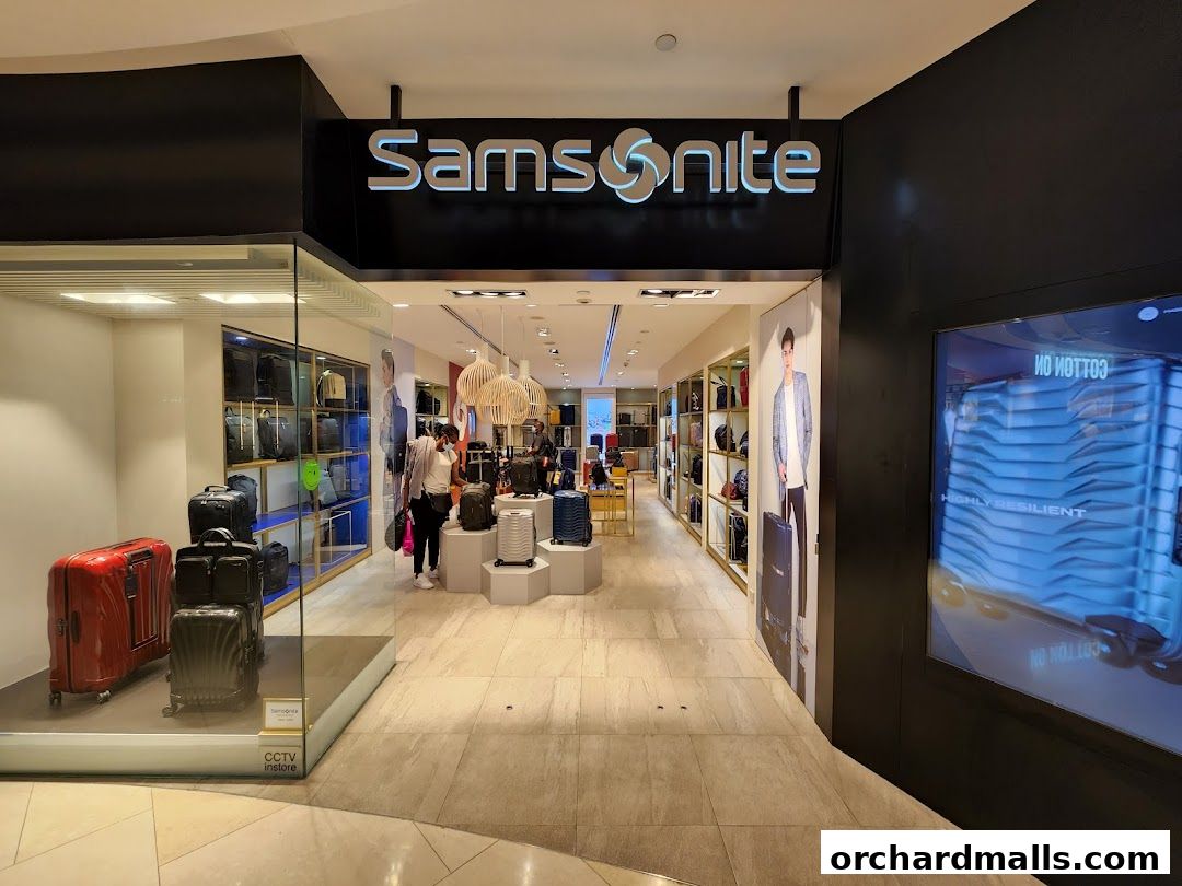 The entrance of a Samsonite store showcasing various luggage and bags.