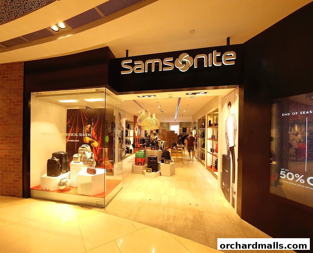 The entrance and display window of a Samsonite store, showcasing luggage and bags.