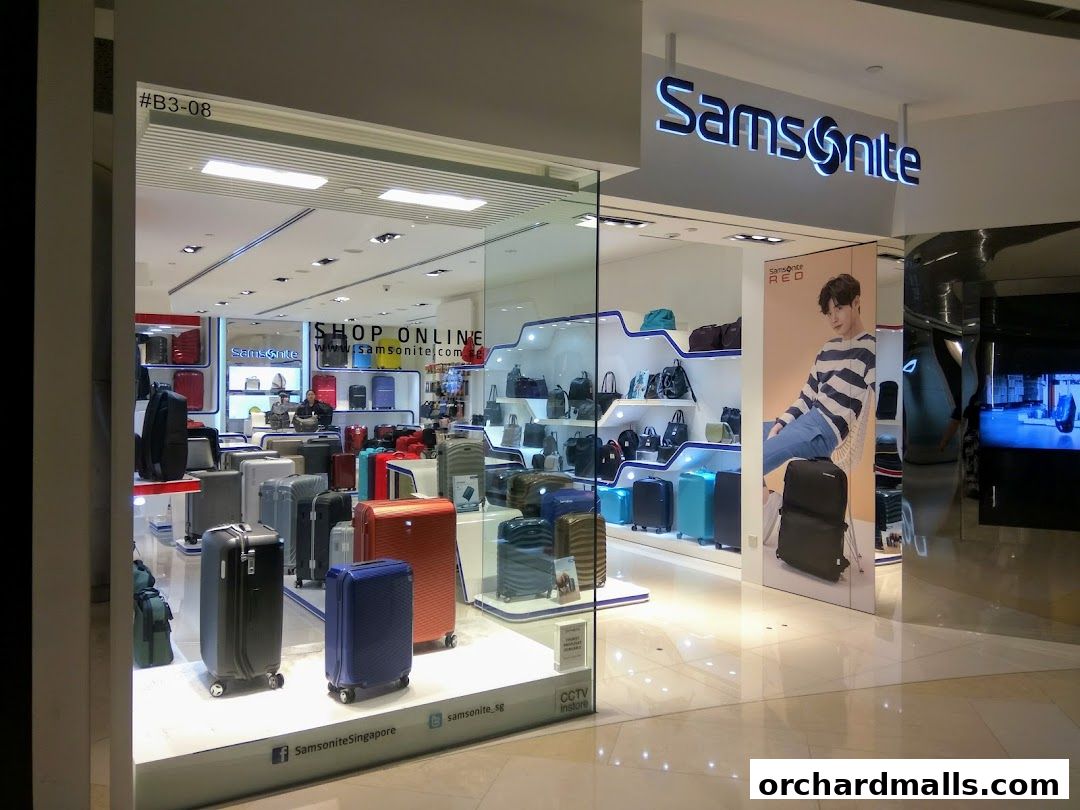 Samsonite store interior showcasing a wide variety of luggage and bags.