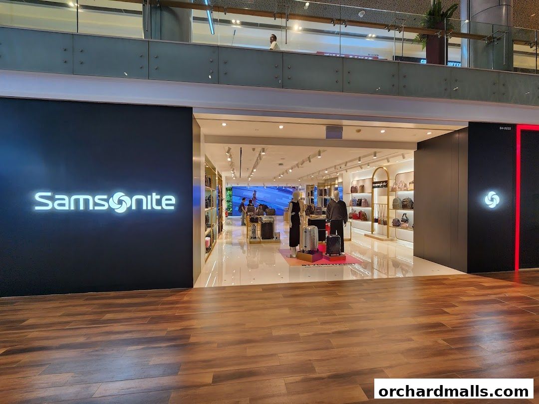 The entrance to a Samsonite store showcasing luggage and bags on display.