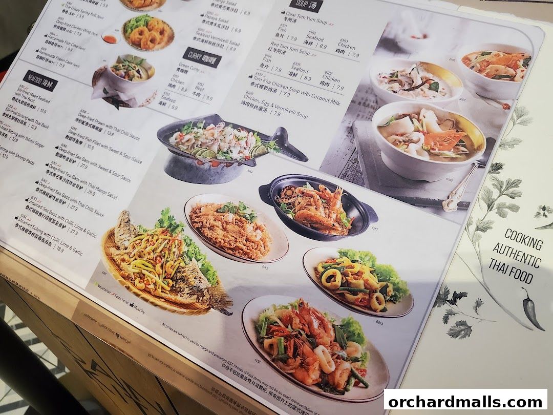 A menu from Sanook Kitchen Thai BBQ Seafood featuring various Thai dishes with images and prices.