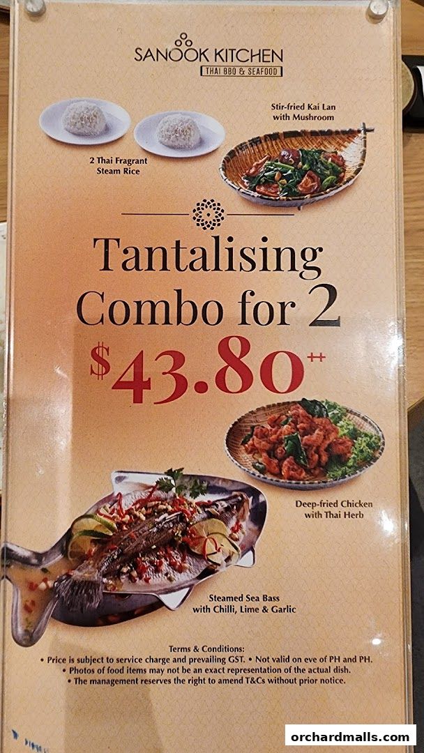 A menu for Sanook Kitchen featuring a combo for two with Thai dishes.